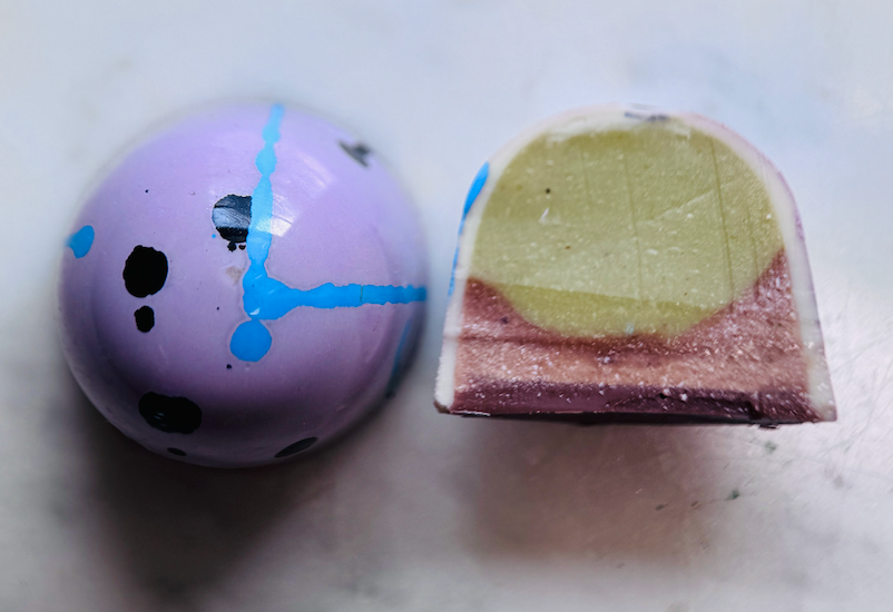 Rich pistachio ganache layered with a sesame-forward halvah, creating a creamy slightly crumbly texture with deep toasted notes