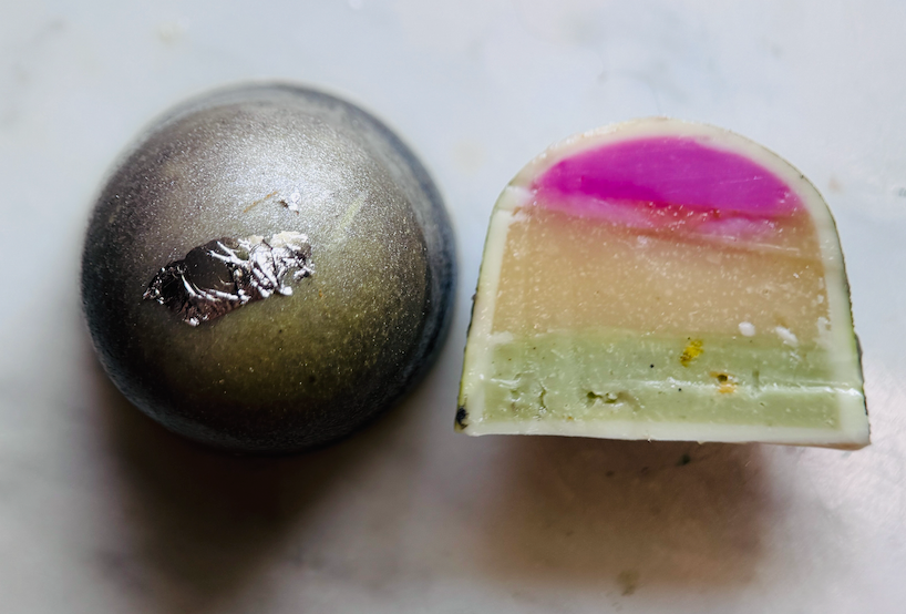 Delicate pistachio,almond and rosewater ganache layers offering a soft floral note balanced by rich and slightly salted nuttiness